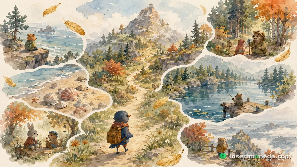 Collage de las actividades secundarias en A Short Hike: un zorro contemplando el mar, conchas en la playa, un conejo y un oso en una banca, un oso pescando en un muelle, animales viendo el paisaje desde un mirador — ilustración en acuarela