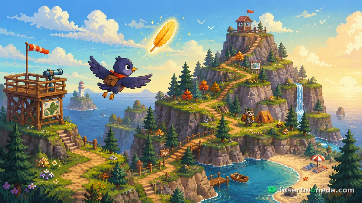 Claire volando hacia una pluma dorada sobre una isla con senderos, faro, cascada y un campamento — ilustración pixel art de A Short Hike