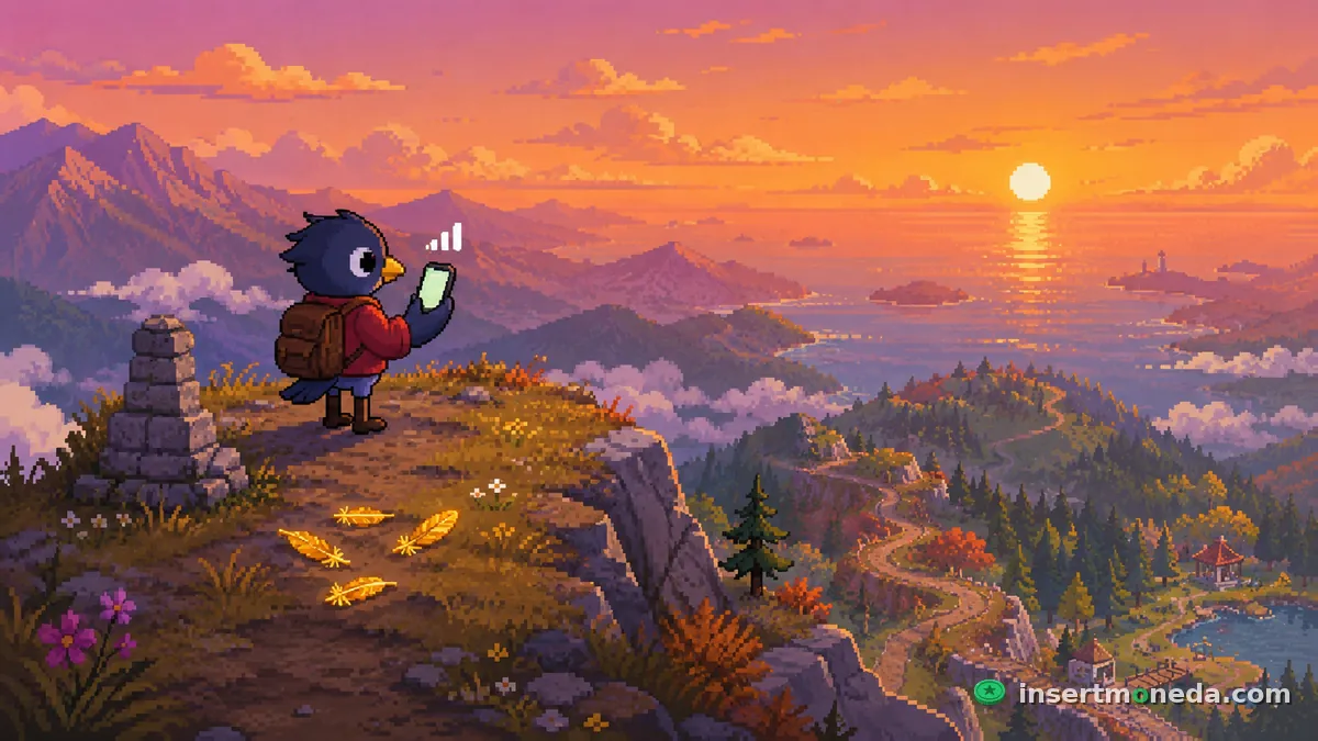 Claire, la pájara protagonista, de pie en la cima de una montaña al atardecer mirando su celular con señal, con plumas doradas en el suelo — ilustración pixel art