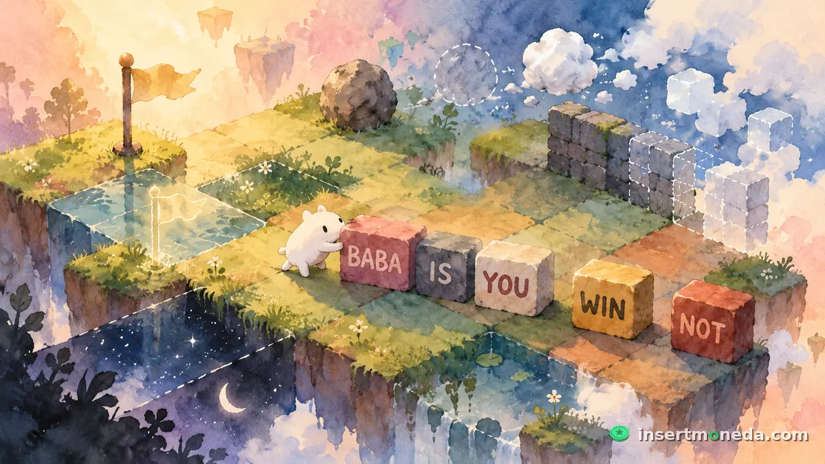Baba, una criatura blanca, empuja los bloques "BABA", "IS" y "YOU" sobre un tablero flotante, con "WIN" y "NOT" sueltos más adelante, una bandera, una roca y un muro que se desvanece, ilustración en acuarela