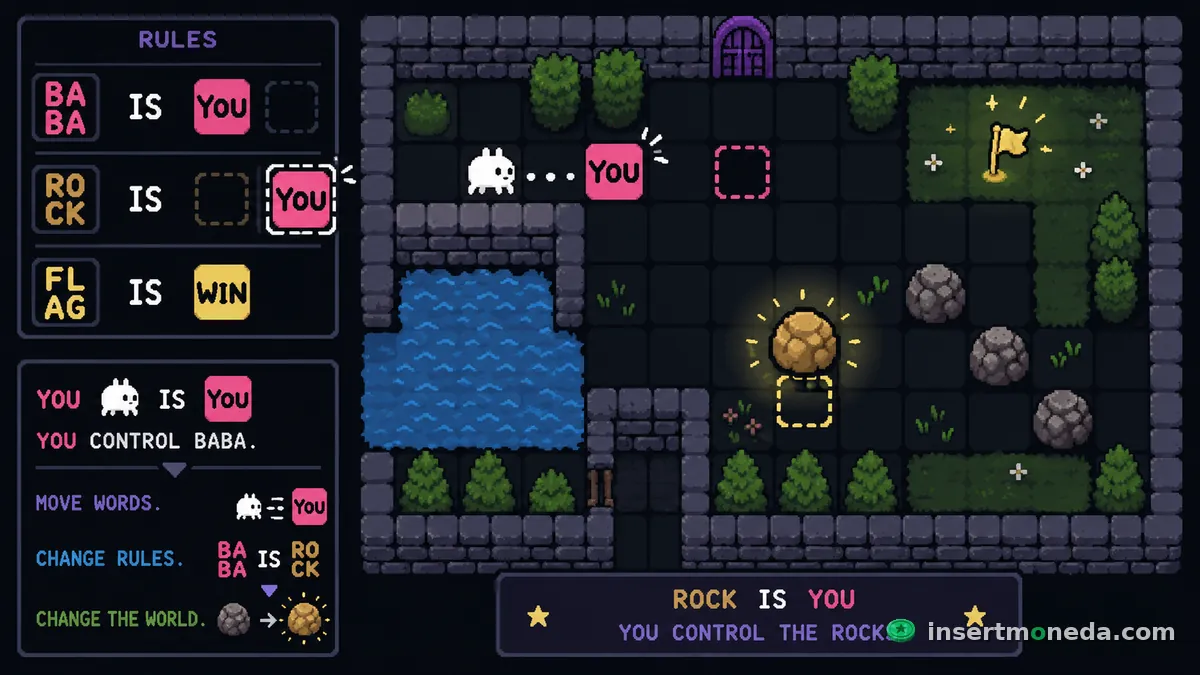 Panel de reglas del juego mostrando "BABA IS YOU" y "ROCK IS YOU" — mover el bloque de texto cambia qué personaje controlas, con la leyenda "CHANGE THE WORLD" — captura estilo pixel art