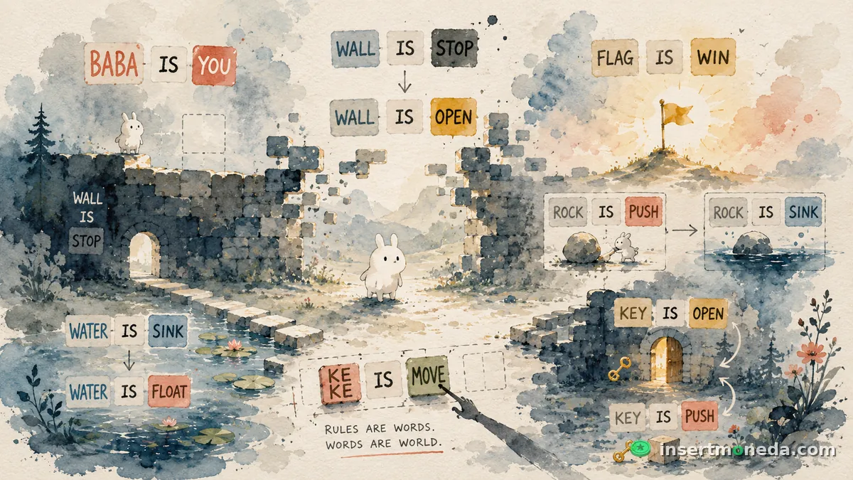 Collage de combinaciones de reglas en Baba Is You: "Wall is Stop" cambiado a "Wall is Open", "Flag is Win", "Rock is Push" cambiado a "Rock is Sink", "Water is Sink" cambiado a "Water is Float", con la leyenda "Rules are words. Words are world." — ilustración en acuarela
