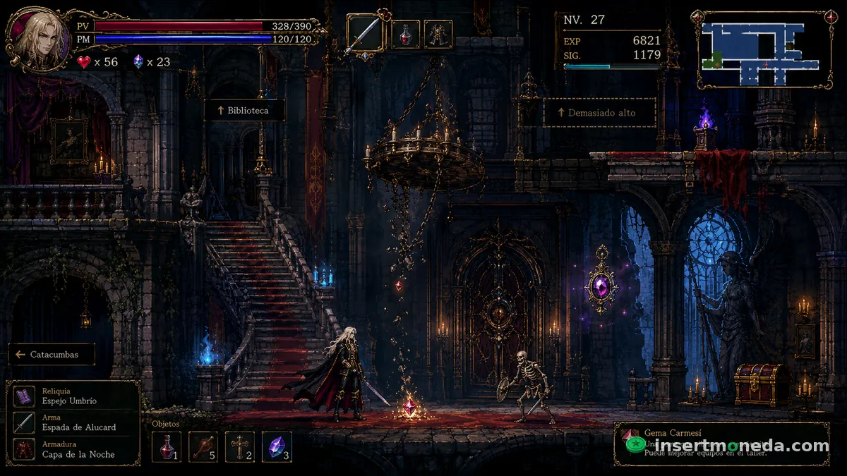 Alucard explora el castillo con la interfaz de estadísticas de rol en pantalla — vida, magia, experiencia, equipo, y los carteles de "Biblioteca" y "Catacumbas" marcando zonas con identidad propia