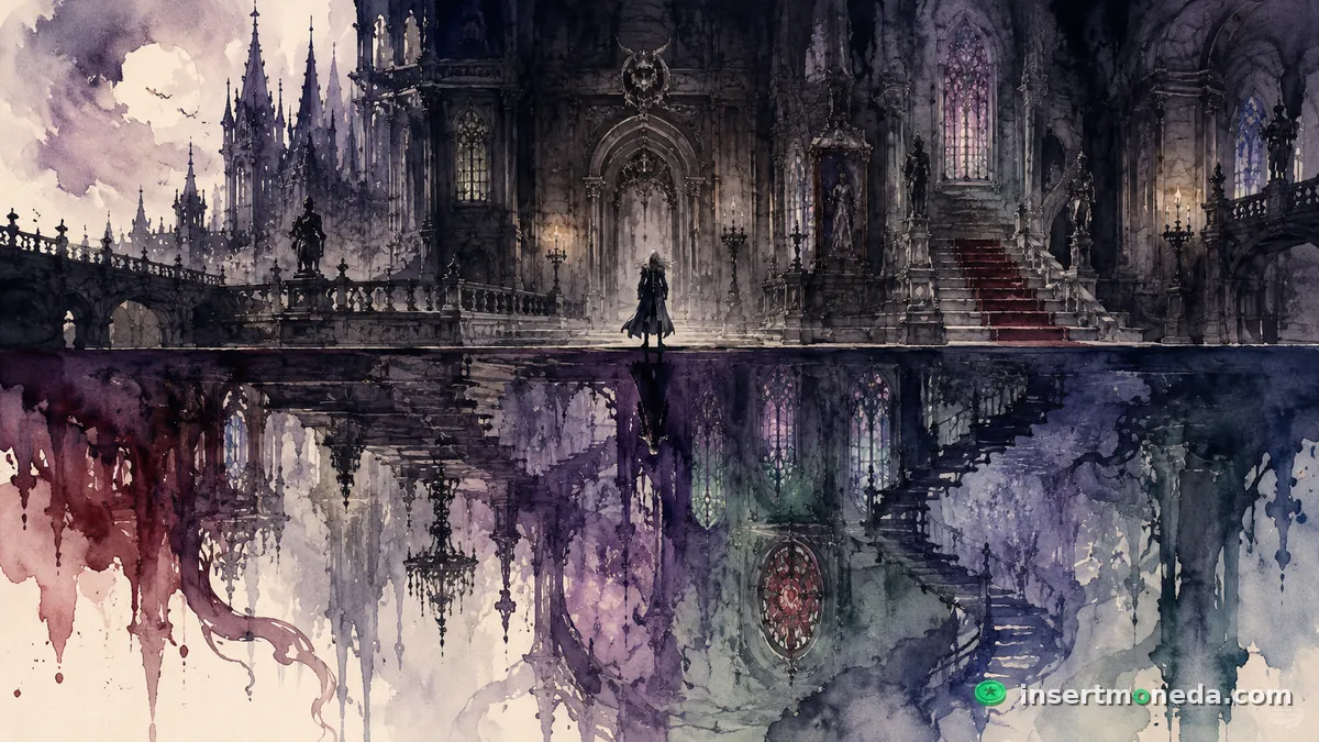 El mismo salón del castillo reflejado en el suelo, la mitad de abajo invertida y teñida de otros colores — la idea visual del castillo que se da la vuelta