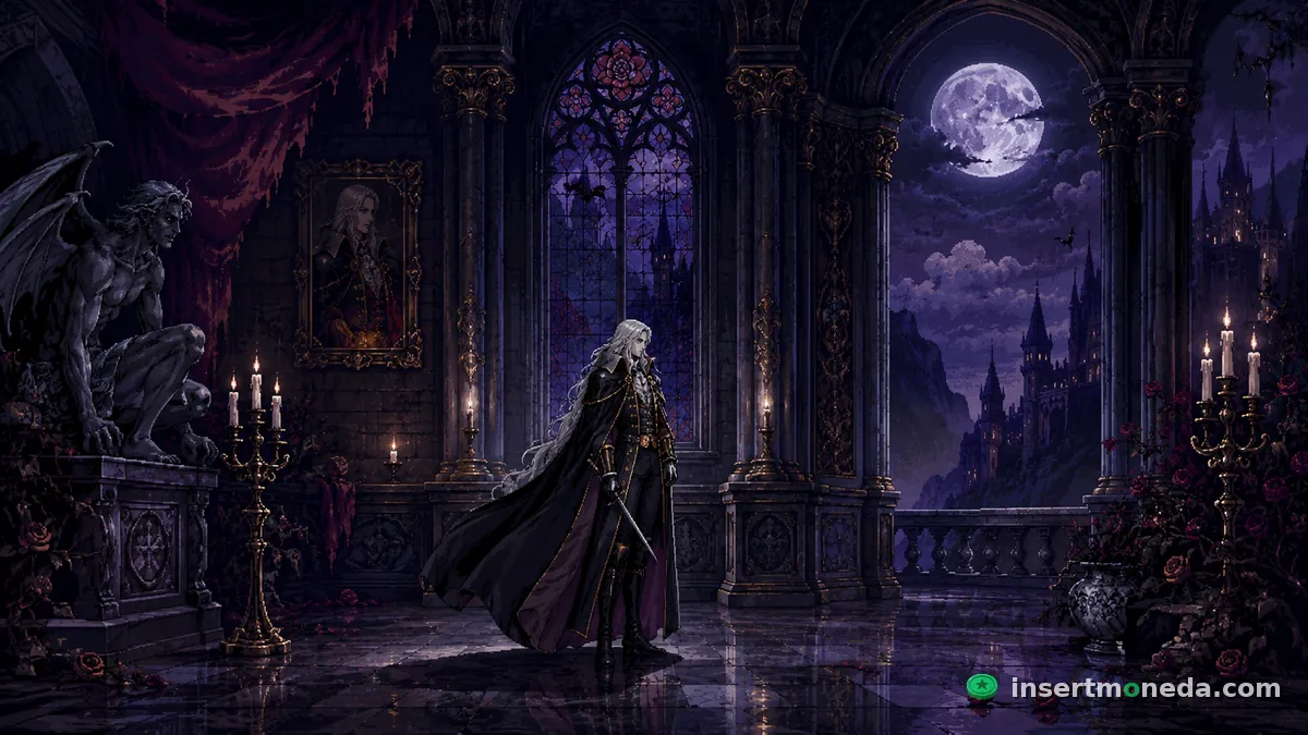Alucard de pie en un salón gótico bañado por la luna llena, con un gárgola de piedra y el retrato de Drácula al fondo