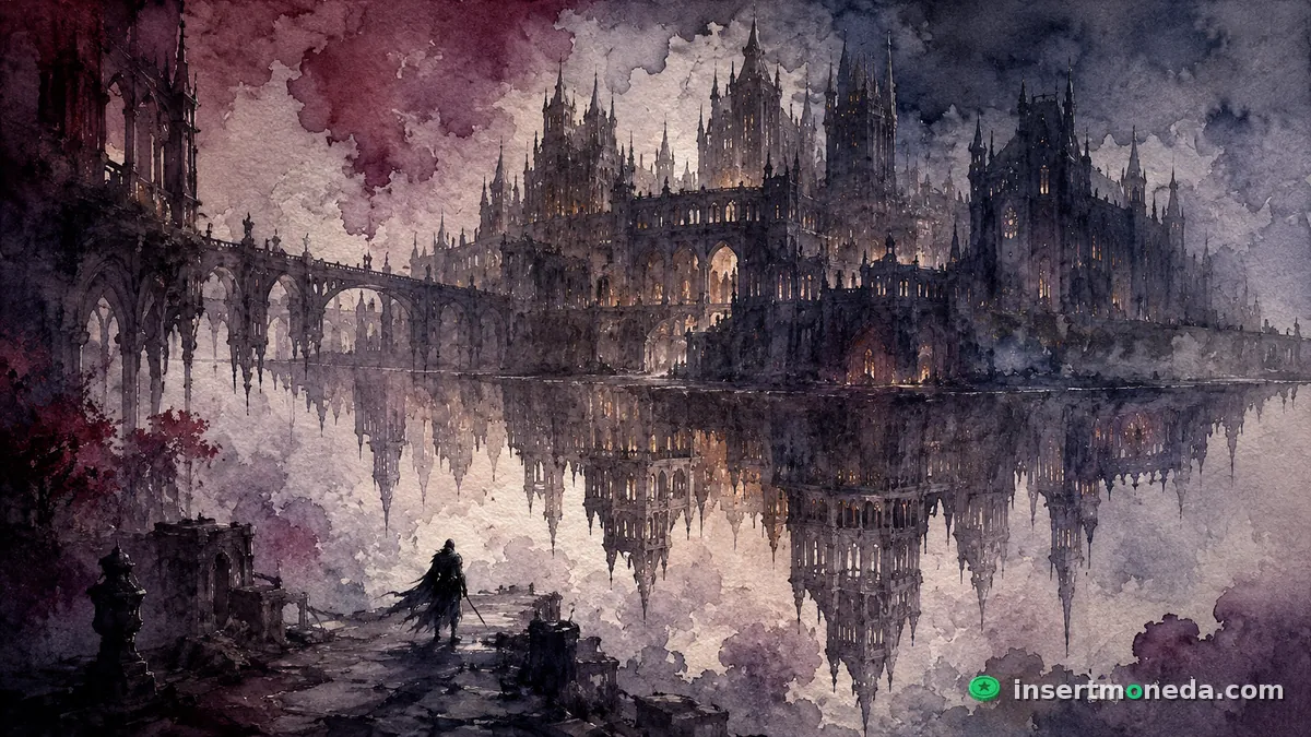 Alucard desciende al castillo de Drácula entre niebla gótica y candelabros — arte de Castlevania Symphony of the Night