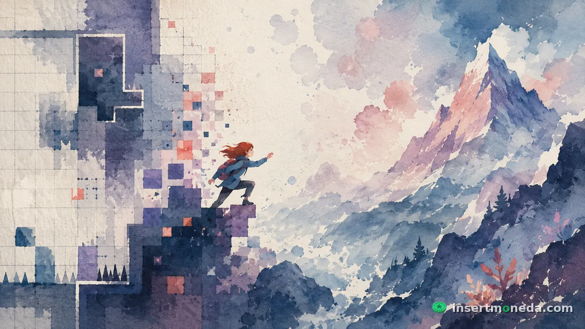 Madeline trepa desde un mundo de bloques pixelados hacia una montaña pintada en acuarela — del prototipo de Celeste al juego completo