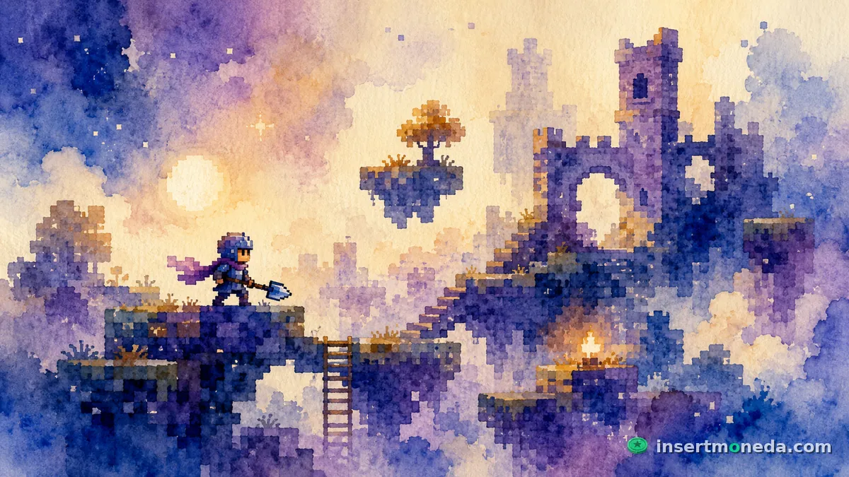 Madeline escala la montaña Celeste entre nubes y picos nevados — arte del juego