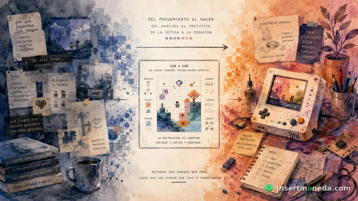 Del análisis al prototipo: notas sobre por qué importan los juegos transformándose en el canvas de 128×128 de Chivo-8 — sprites, mapas, sonido y código — con la leyenda "la restricción es libertad" — ilustración pixel art