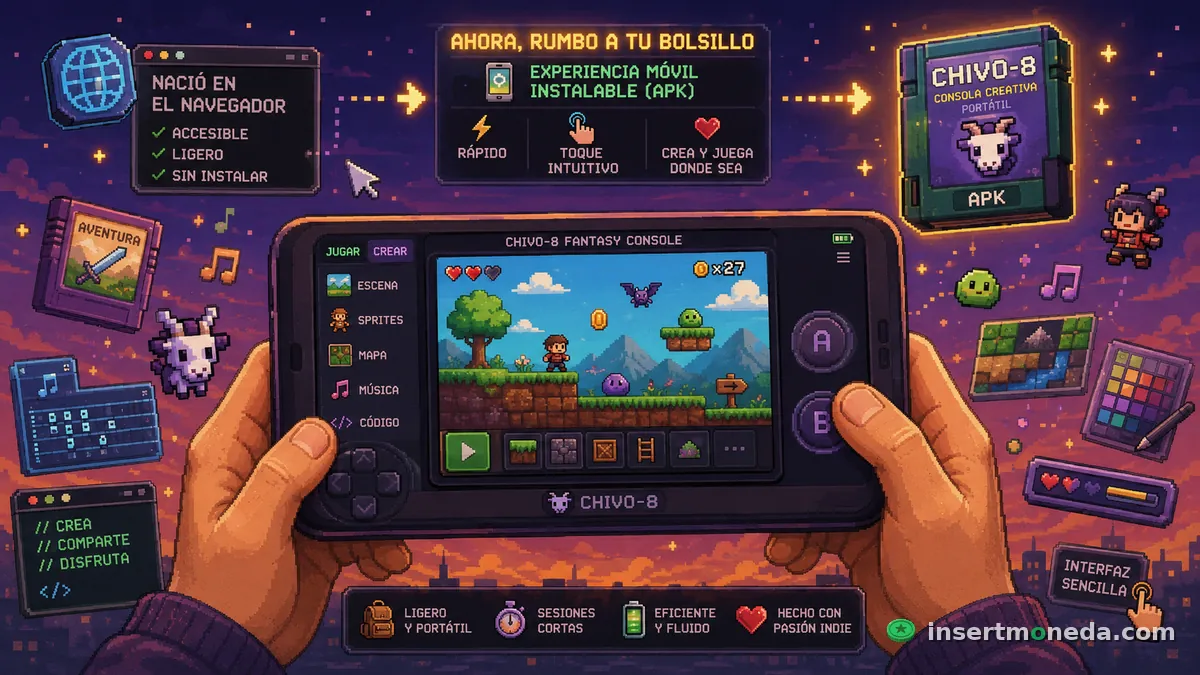 Manos sosteniendo un teléfono jugando Chivo-8, con controles táctiles, editor de escenas/sprites/mapa/música/código, y el empaque de Chivo-8 como APK instalable — ilustración pixel art
