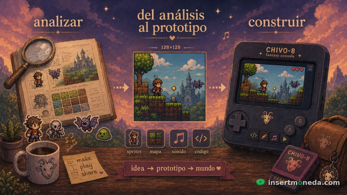 Manos sosteniendo un teléfono con Chivo-8 corriendo — analizar un juego se convierte en construir la consola CHIVO-8, con el mascota de cabra, de "idea" a "prototipo" a "mundo" — ilustración pixel art