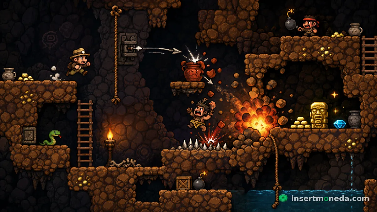 Un dardo activa una trampa que rompe una vasija y provoca una explosión en cadena sobre pinchos en Spelunky — pixel art