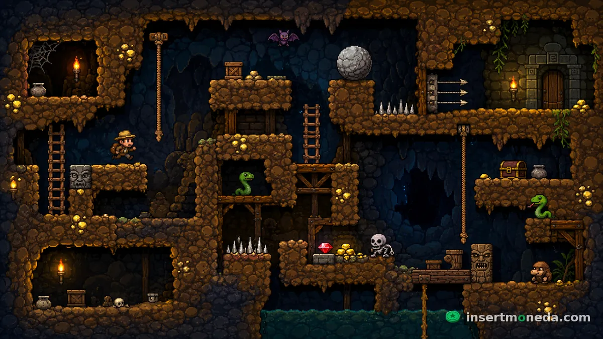 Nivel de Spelunky mostrando plataformas, escaleras, una serpiente y trampas de pinchos repartidas en habitaciones modulares — pixel art
