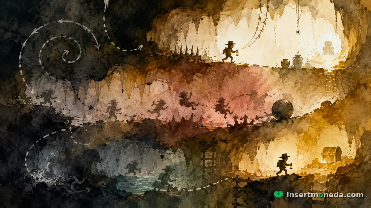 Ilustración en acuarela de las cuevas de Spelunky con varios caminos posibles trazados en espiral y un explorador con antorcha bajando entre trampas y tesoros — la generación procedural del roguelike