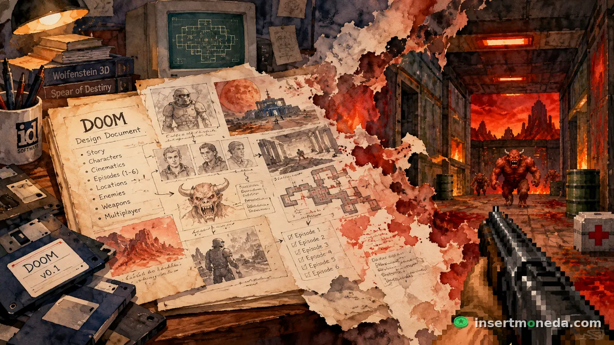 Un documento de diseño lleno de bocetos de personajes, mapas y una lista de seis episodios se desgarra y deja ver un pasillo infernal en pixel art, con una escopeta en primera persona y demonios al fondo, ilustración en acuarela