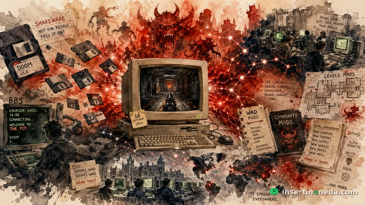 Collage de la propagación de Doom en los 90: floppy disks de shareware, una BBS, universidades, un LAN party, archivos WAD y mapas de niveles conectados por líneas que cubren un mapa del mundo — ilustración estilo acuarela