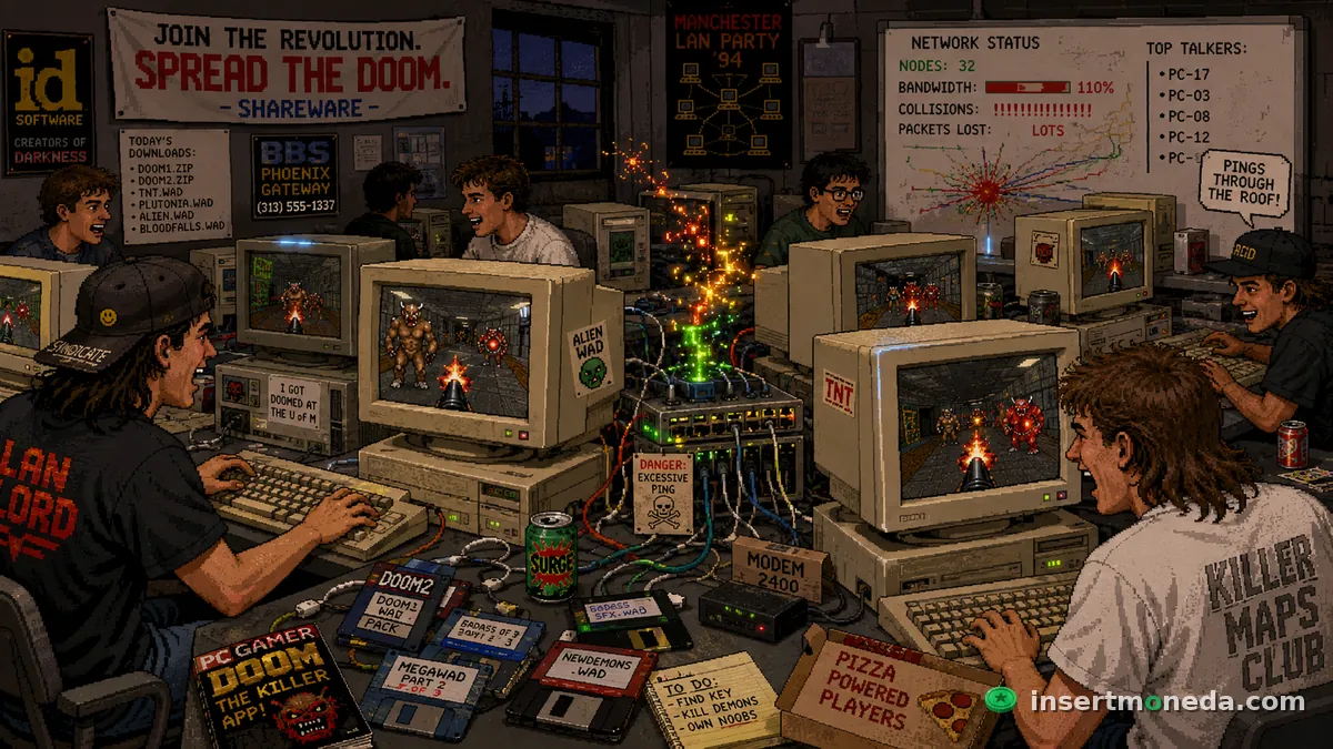 Un cuarto lleno de computadoras viejas en un LAN party de los 90, jugando Doom en red, con floppy disks de WADs, un router al centro echando chispas y un cartel que dice "Join the revolution. Spread the doom. Shareware" — ilustración pixel art
