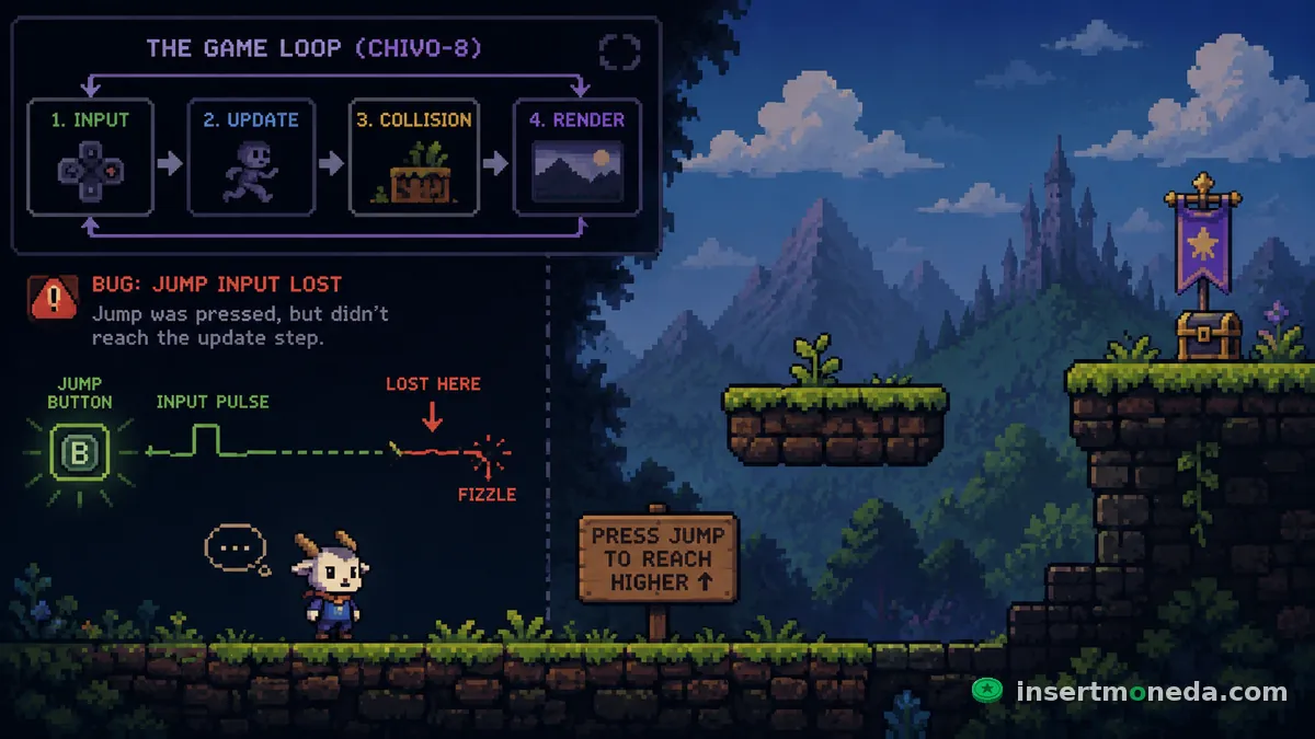 Diagrama pixel art del bug real de Chivo-8: el loop input/update/collision/render y, debajo, el pulso de "jump" perdiéndose antes de llegar al update ("LOST HERE" / "FIZZLE"), con la cabra protagonista junto a un letrero "PRESS JUMP TO REACH HIGHER"