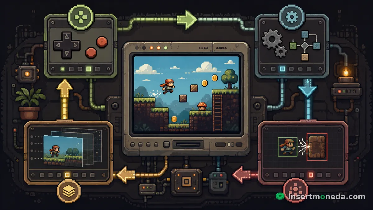 Diagrama retro-mecánico del game loop: el control alimenta los engranes del update, que pasan por colisión y terminan dibujando el frame en la pantalla central, con un personaje pixel art saltando entre plataformas