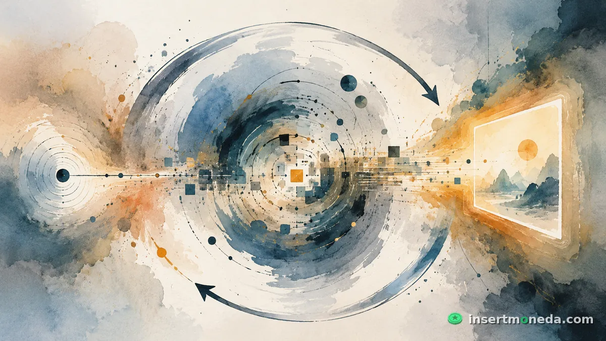 Ilustración en acuarela de un ciclo abstracto: un input circular a la izquierda alimenta un remolino de procesamiento en el centro que termina dibujando un paisaje enmarcado a la derecha — el game loop como concepto