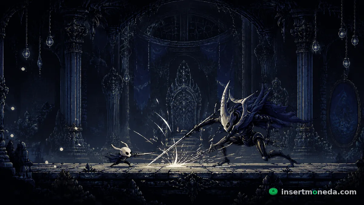 Combate contra un jefe en Hollow Knight — precisión y ritmo en cada enfrentamiento