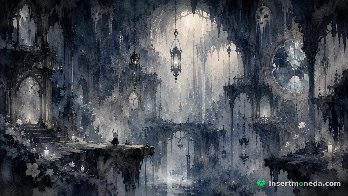 Una de las zonas oscuras e intrincadas de Hallownest — el mundo que Team Cherry construyó a mano