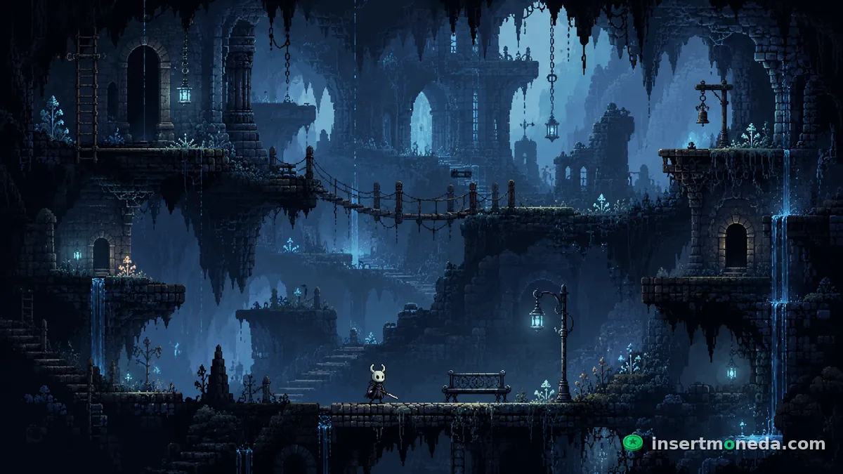 El Caballero desciende a las ruinas de Hallownest en Hollow Knight — arte del juego