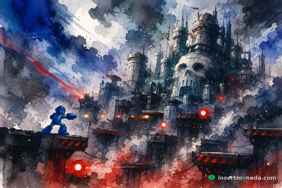 Mega Man dispara frente al castillo del Dr. Wily, ilustración en acuarela