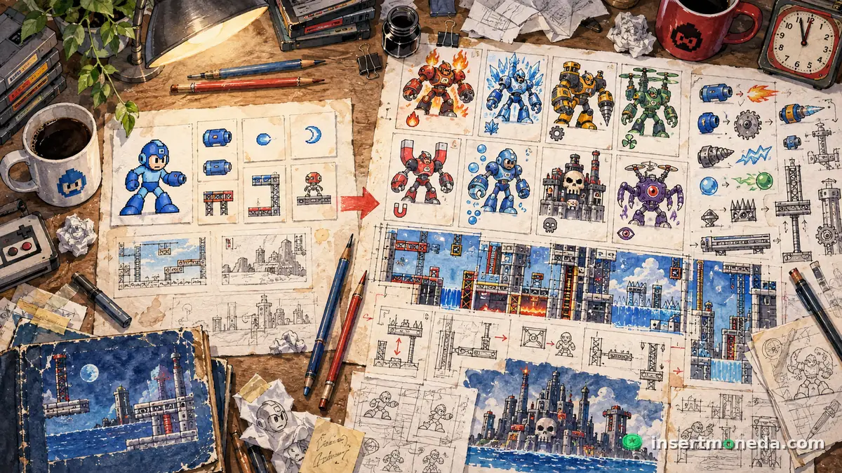 Bocetos de los ocho Robot Masters de Mega Man 2 flotando alrededor de una mesa de dibujo, con Metal Man, Air Man y Crash Man entre ellos, ilustración en acuarela