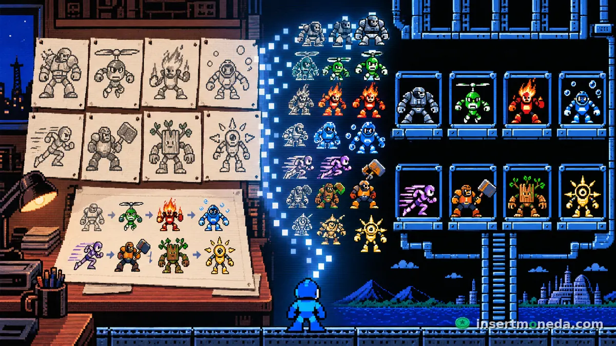 Los ocho Robot Masters de Mega Man 2, desde el boceto en blanco y negro hasta el sprite final a color dentro del juego, ilustración en pixel art