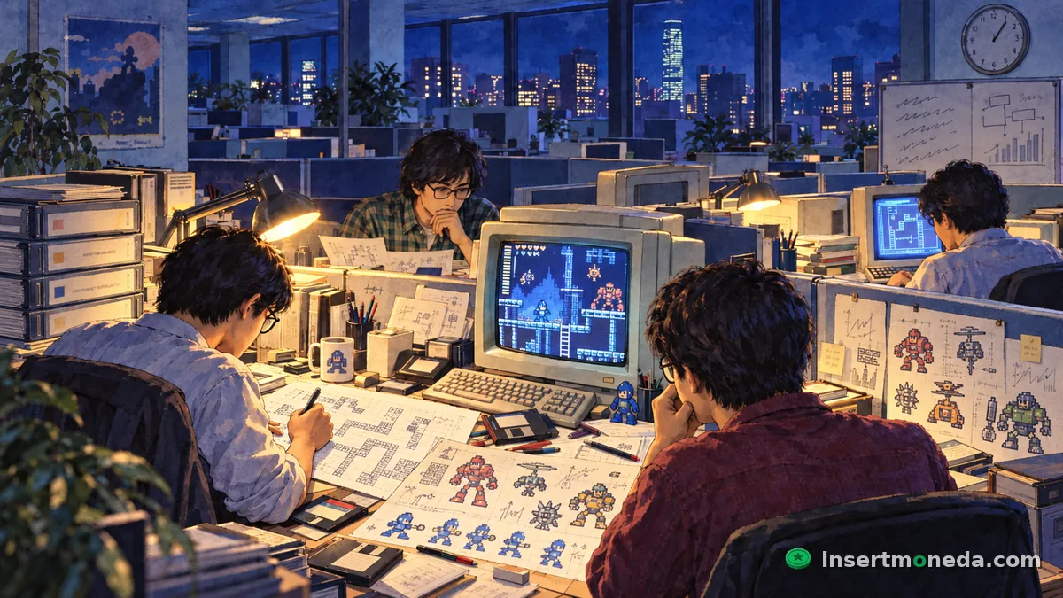 El equipo de Mega Man trabajando de noche en una oficina de Capcom, bocetos del Dr. Wily y los Robot Masters esparcidos sobre el escritorio, ilustración en acuarela