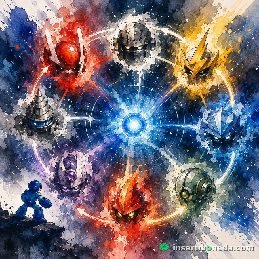 Los ocho Robot Masters de Mega Man 2 dispuestos en círculo alrededor del núcleo de energía, ilustración en acuarela