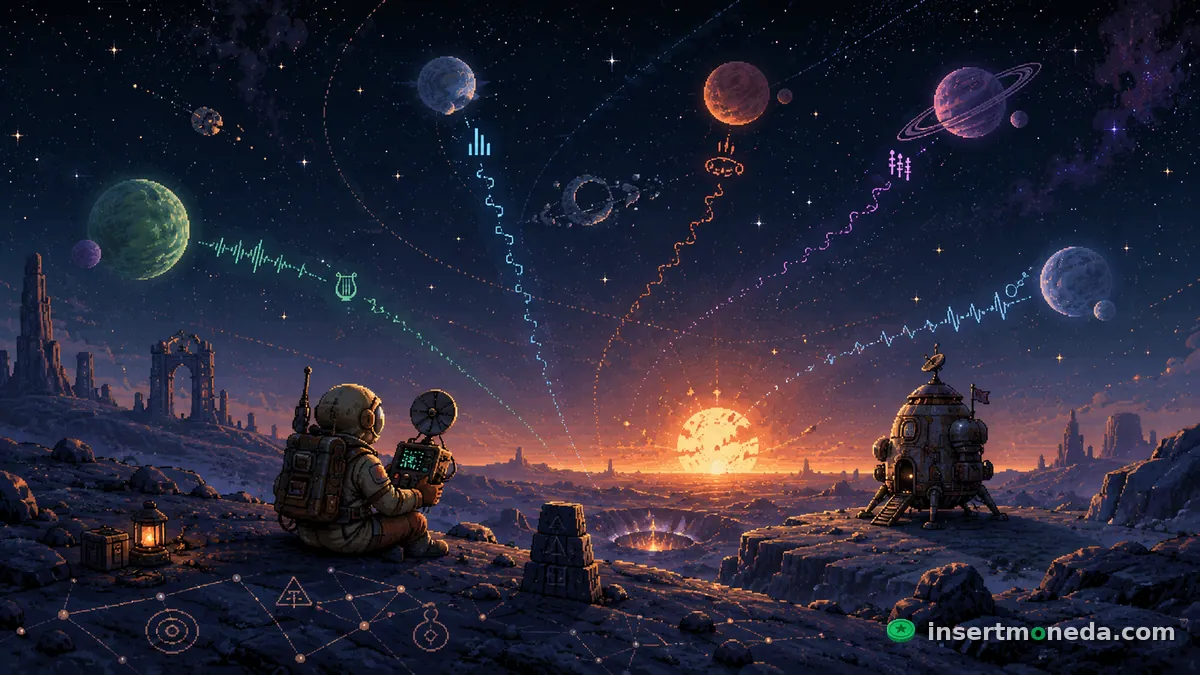 Astronauta sentado junto a ruinas Nomai usando el señalescopio para rastrear señales de audio de otros planetas al atardecer, con su nave estacionada cerca — pixel art