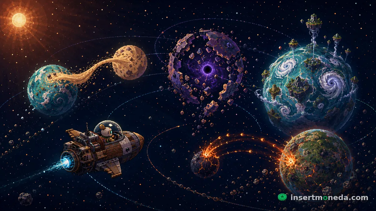 Nave espacial pixel art cruzando el sistema solar de Outer Wilds: las Gemelas Reloj de Arena intercambiando arena, Brittle Hollow colapsando en un agujero negro, Giant's Deep con sus remolinos e islas flotantes, y la luna volcánica bombardeando con lava