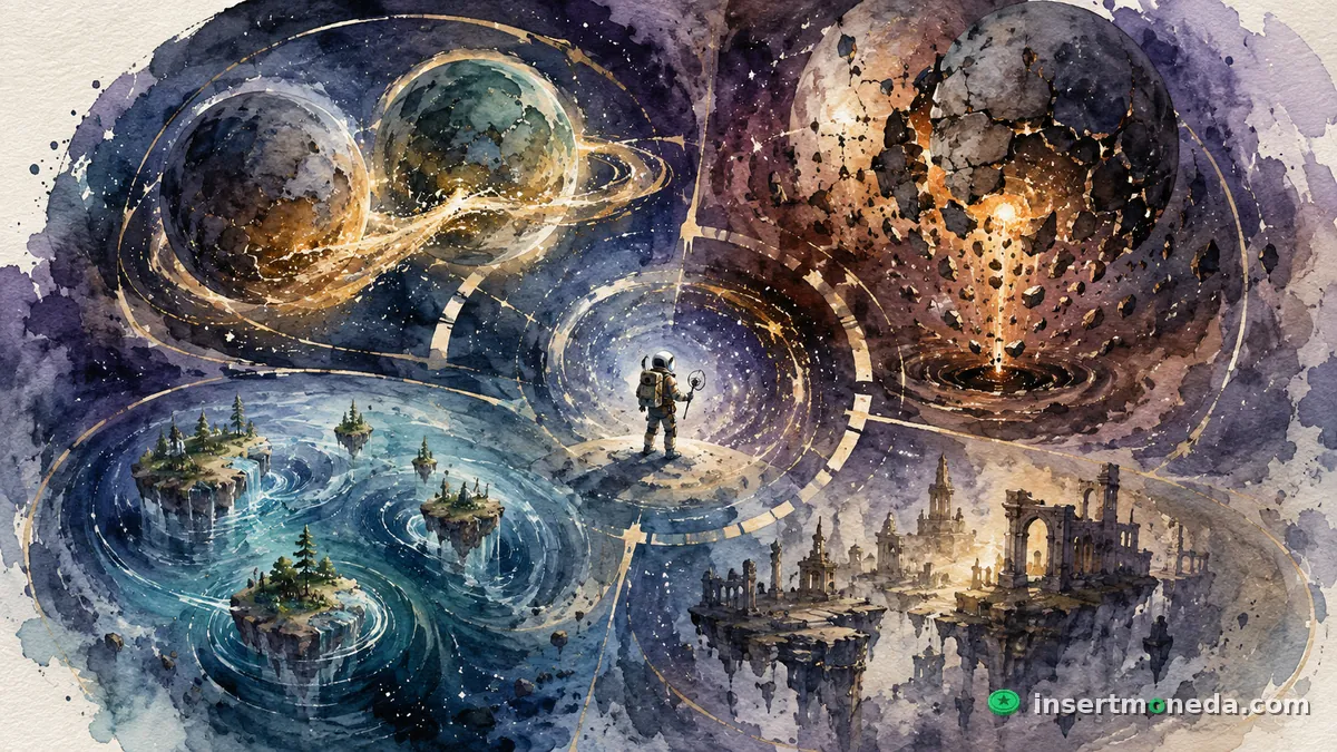 Ilustración en acuarela de un astronauta en el centro del sistema solar de Outer Wilds: las Gemelas Reloj de Arena intercambiando arena, Brittle Hollow colapsando hacia un agujero negro con lava, Giant's Deep con sus islas flotantes sobre remolinos, y ruinas Nomai al fondo