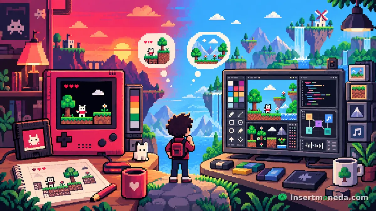 Un personaje de pie entre dos consolas de fantasía: una portátil roja con un plataformero al atardecer a la izquierda, y una pantalla con editor de niveles, paleta de colores y código a la derecha, ilustración en pixel art