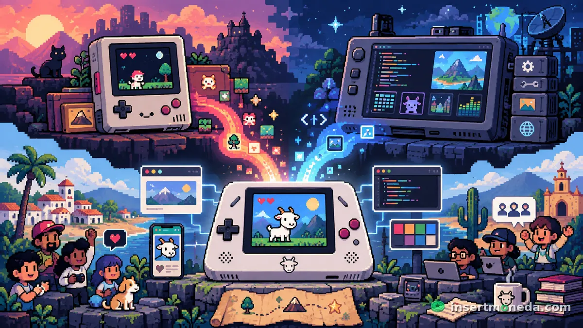 Cuatro escenas en pixel art: una consola portátil con un plataformero, una pantalla de desarrollo con código y mapas, una consola con una cabra jugando en el centro, y comunidades celebrando alrededor — la síntesis de Chivo-8