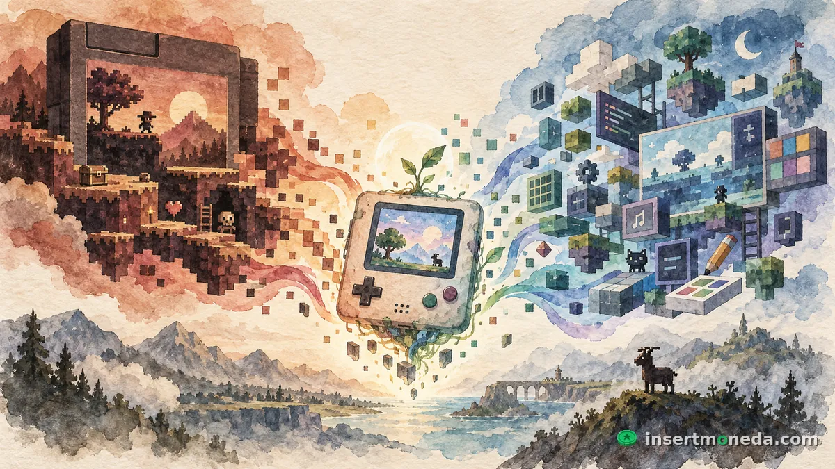 Un cartucho de PICO-8 en tonos cálidos de atardecer y un ecosistema flotante de herramientas de TIC-80 en tonos fríos nocturnos, convergiendo en una consola portátil con una cabra en la pantalla, ilustración en acuarela