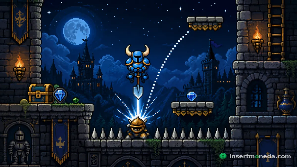 Shovel Knight rebota con su pala sobre un enemigo entre plataformas de un castillo nocturno, la mecánica de salto heredada de DuckTales — pixel art