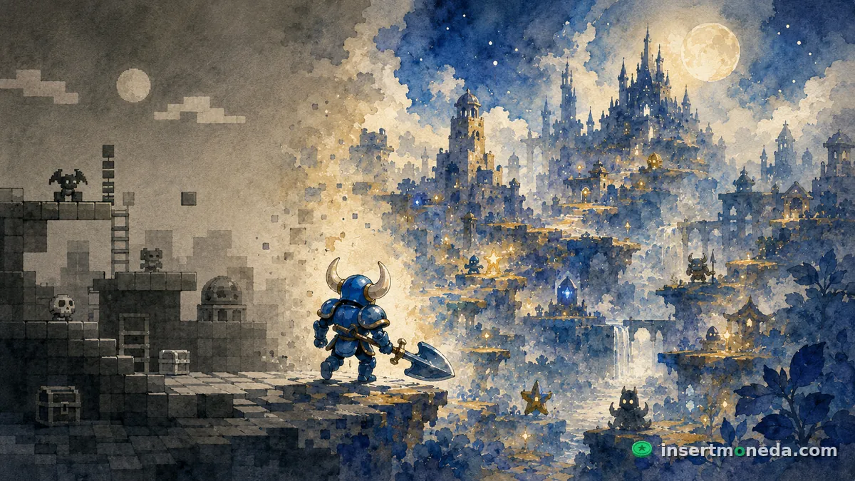 Shovel Knight contempla un reino de fantasía iluminado por la luna, mientras a su espalda queda un mundo gris de bloques estilo NES — ilustración acuarela