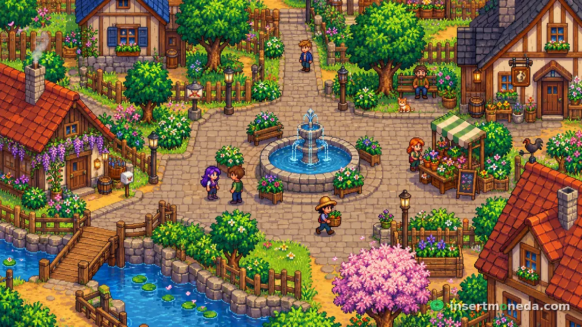 Plaza de un pueblo con fuente, vecinos platicando, un puesto de flores y un granjero con su canasta de verduras, pixel art