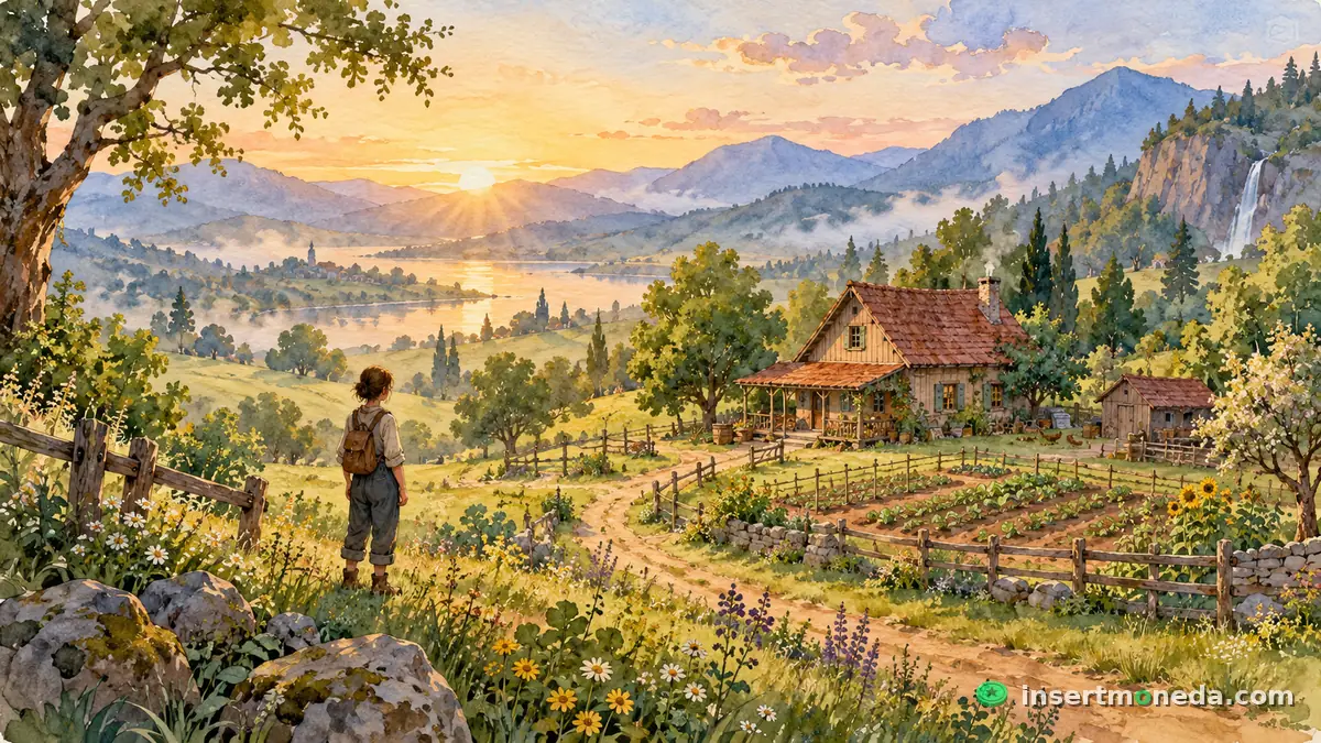 Una persona con mochila mira al amanecer una granja con casa de madera, huerto cercado y girasoles, con un lago y montañas a lo lejos, ilustración en acuarela