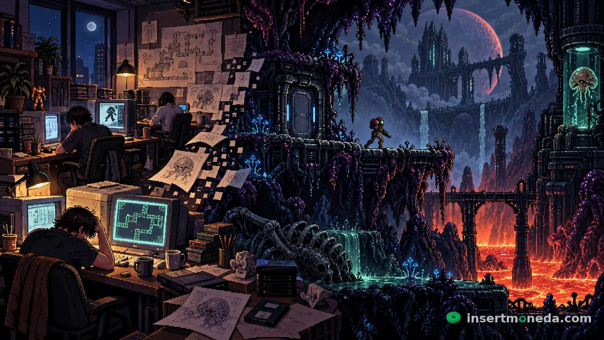 El equipo de Nintendo R&D1 trabajando de noche rodeado de bocetos del mapa de Zebes, con Samus cruzando un puente sobre lava en la pantalla, ilustración en pixel art