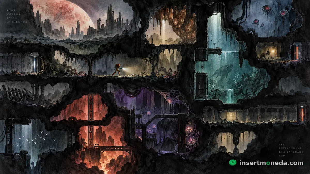 Corte transversal de Zebes mostrando varias zonas conectadas —lava, agua, criaturas alienígenas— con Samus explorando en el centro, ilustración en acuarela digital