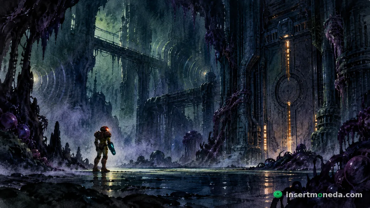 Samus Aran de pie sola en un corredor en ruinas de Zebes, con estructuras alienígenas iluminadas y siluetas de criaturas apenas visibles al fondo, ilustración en acuarela digital