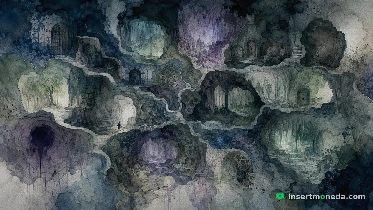 Mapa del planeta Zebes en Super Metroid — rutas laberínticas que el jugador descubre sin guía — ilustración acuarela
