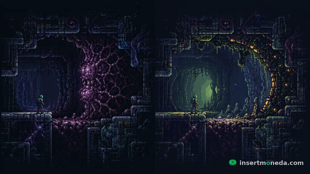 Samus Aran sola frente a la oscuridad del planeta Zebes — ilustración en acuarela digital